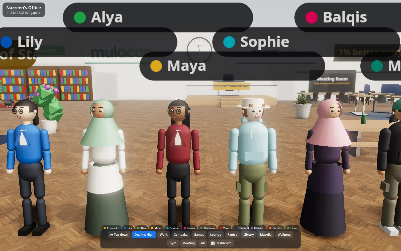 Close-up of AI agent characters in the 3D office, with name labels for Lily, Alya, Maya, Sophie and Balqis above them