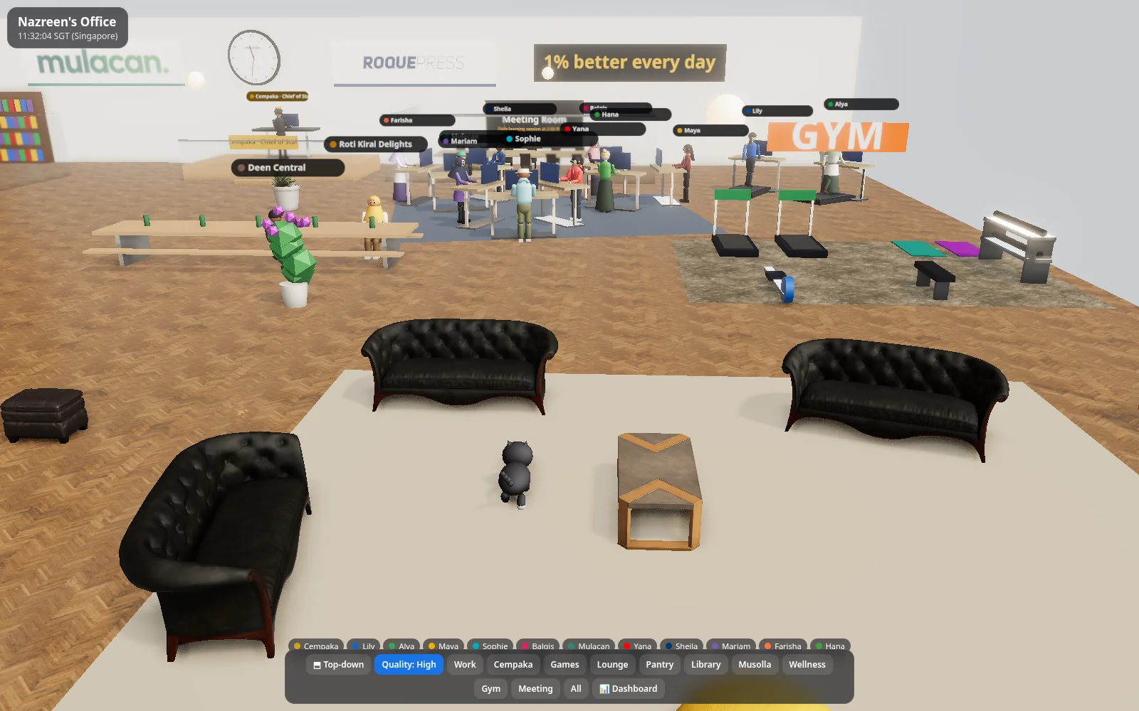 The office lounge with black leather sofas and a cat, with agents at their desks and the gym in the background