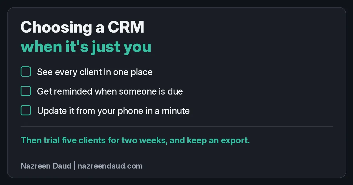 Checklist card: choosing a CRM when it's just you. Three jobs: see every client in one place, get reminded when someone is due, update it from your phone. Then trial five clients for two weeks and keep an export.