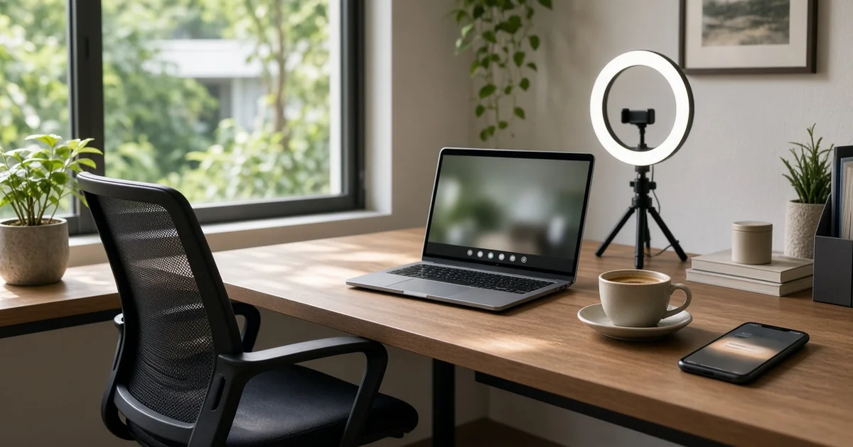 A tidy desk with an open laptop, a ring light on a tripod, a cup of coffee and a phone, with the chair empty