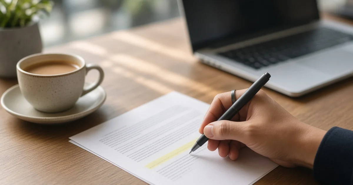 A hand holding a pen over a printed quote with one line highlighted in yellow, beside a cup of coffee and a laptop